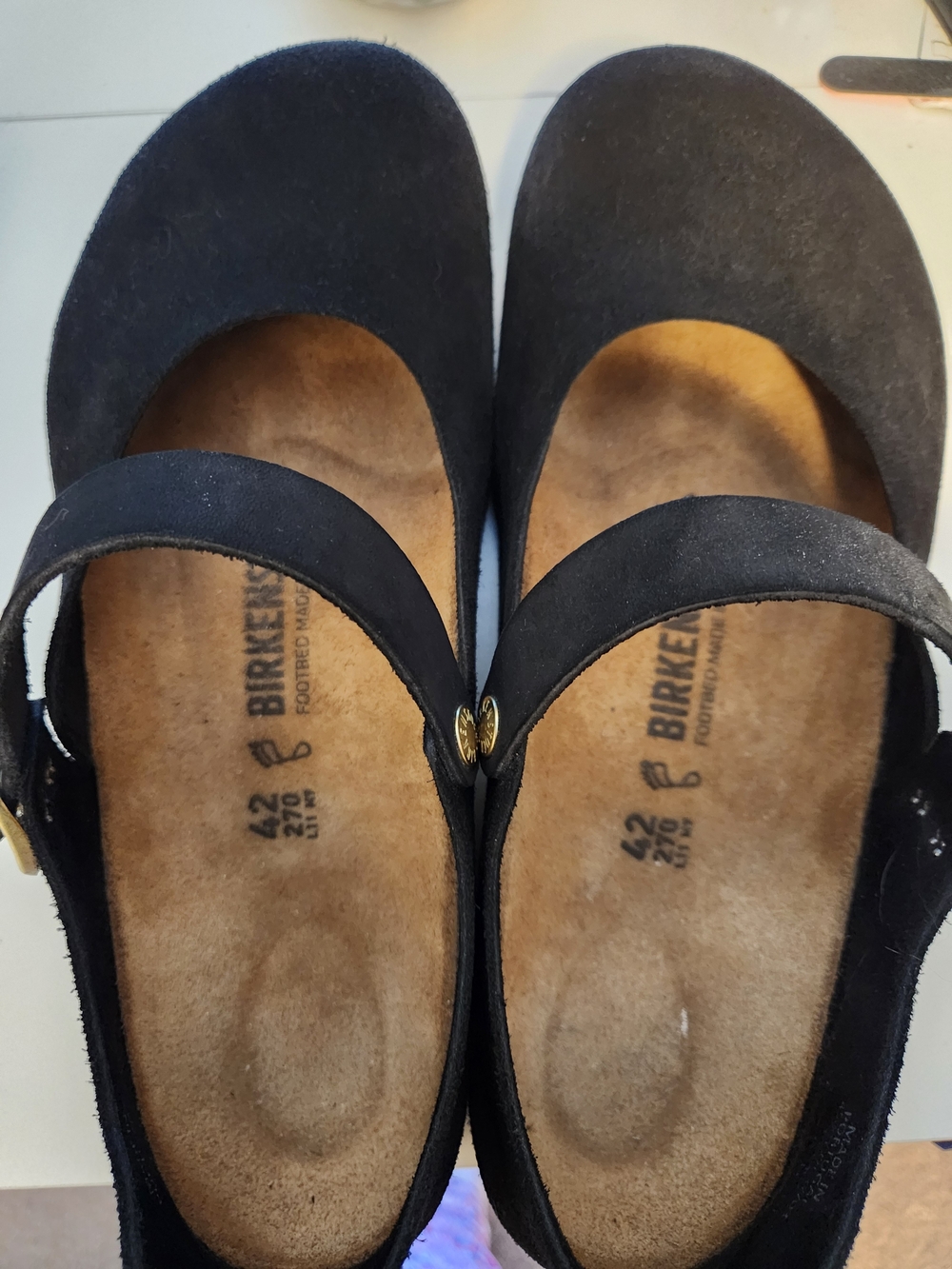Birkenstock Mantova Black Suede Mary Jane Flats with Gold Accent